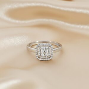 Shimmering White Gold Double Halo Diamond Cluster Ring