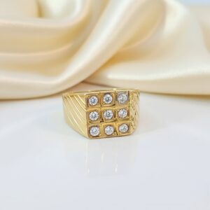 Bold Gold Gents Ring With Nine-stone Cubic Zirconia Grid